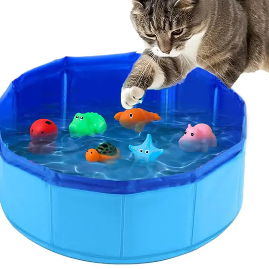 Foldable Dog Bath Swimming Pool Cat Pool Toy With Fish-Water Endless Self Play Interactive Cat Toys Pet Cleaning Water Basin