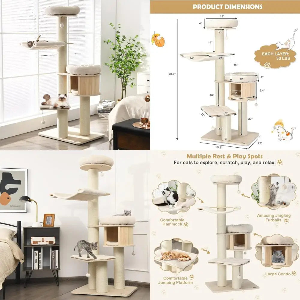 Large Multi-Level Modern Cat Tower with Condo, Hammocks, Hanging Basket, Sisal Posts, Tall Cat Tree for Play and Rest