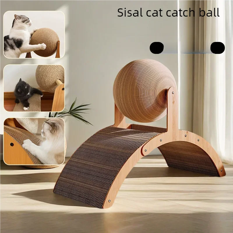 Wooden Cat Scratching Ball 2 In 1 Cat Scratcher Sisal Scratch Board Wear-Resistant Grinding Paw Toy Solid Wood Scraper for Cats