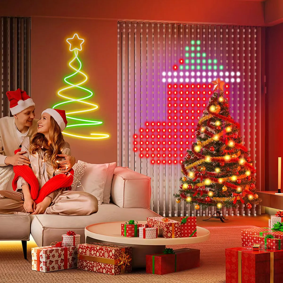 LED smart curtain string light with remote control and local music synchronized Christmas outdoor fairy tale themed decoration