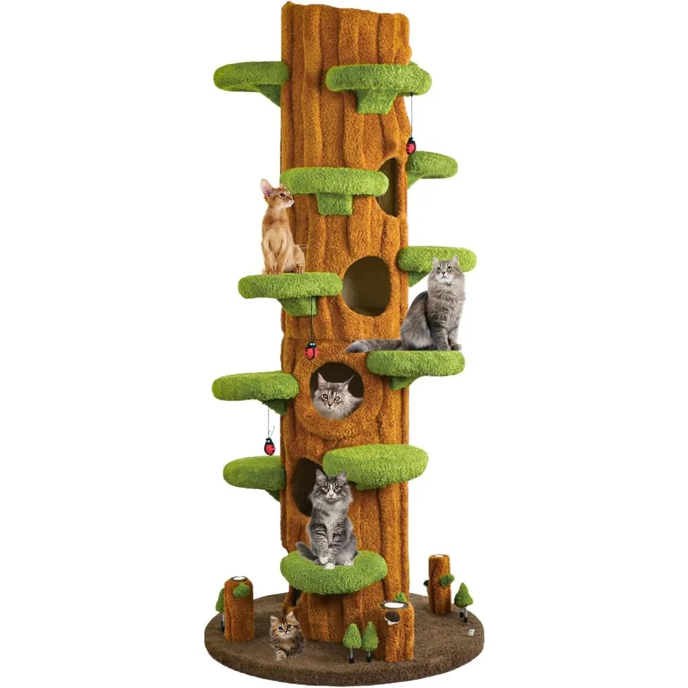 90.5'' Luxury Cat Tree for Indoor Cats, All-in-One Tall Cat Tower with Scratching Post, Multi-Level House, Solid Wood Condo for