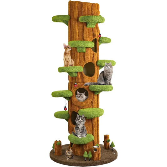 90.5'' Luxury Cat Tree for Indoor Cats, All-in-One Tall Cat Tower with Scratching Post, Multi-Level House, Solid Wood Condo for