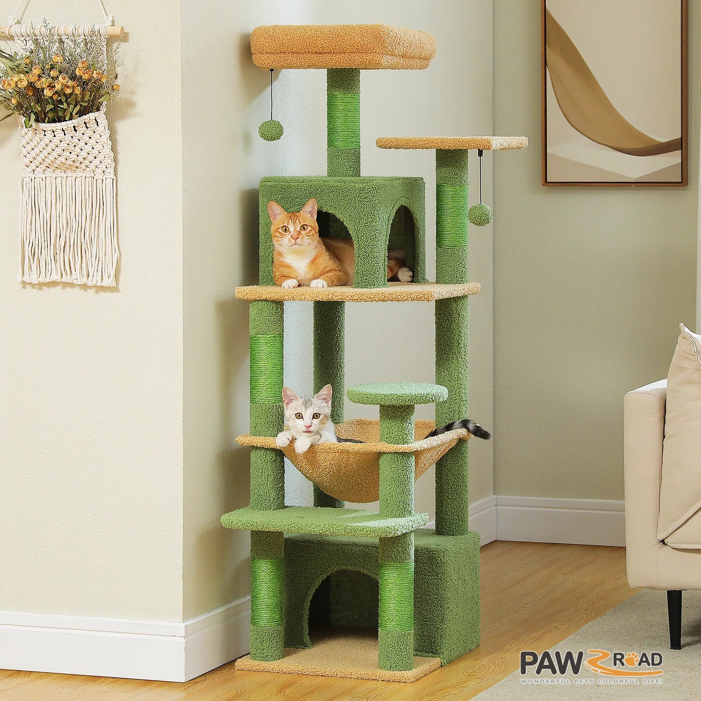 6-levels Safe and Stable Cat Tree with Soft Hammock,Dual Condos,Double Top Perches,5 Scratching Posts Suittable Multi Cats Home