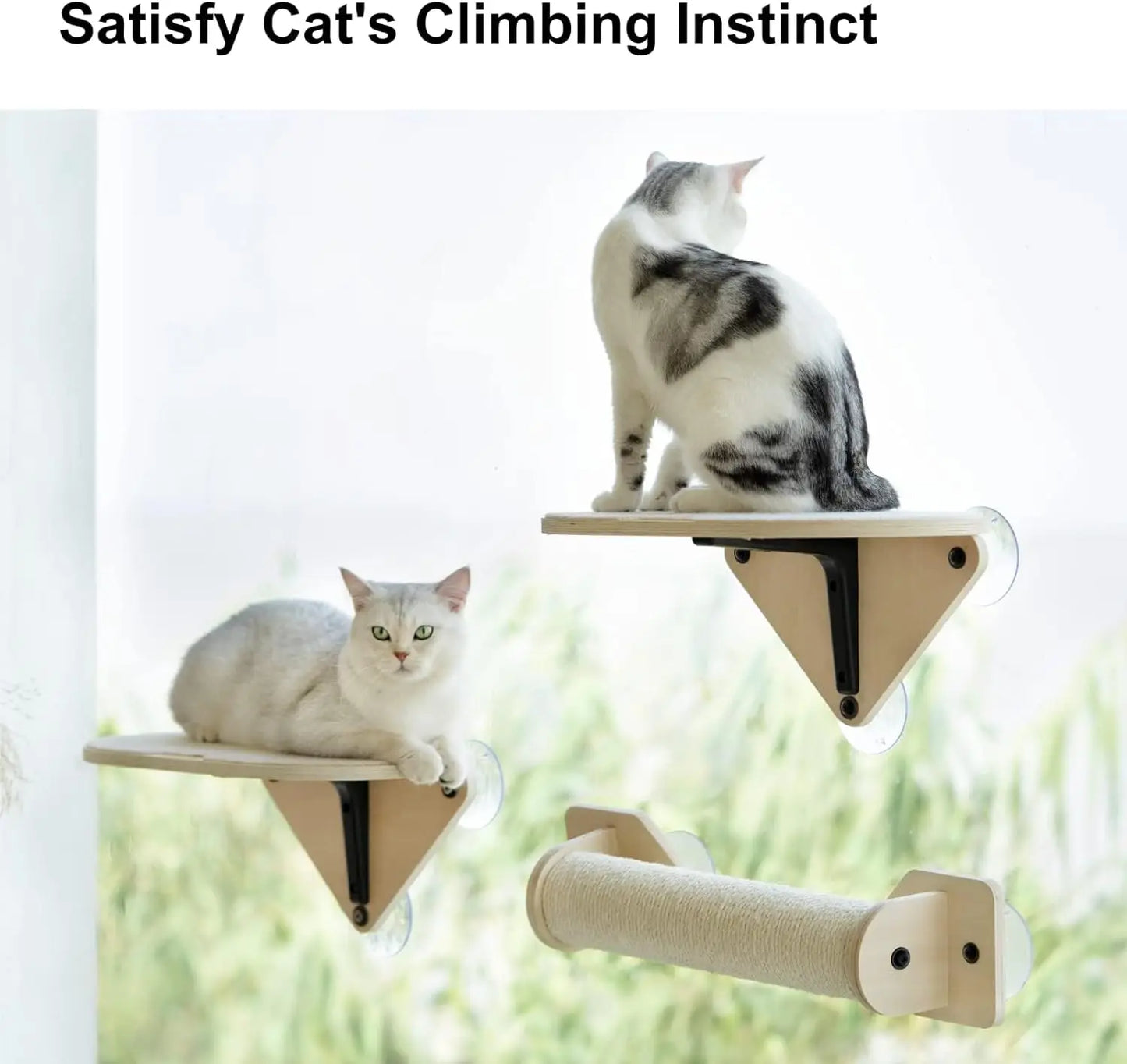 Mewoofun Cat Window Perch Hammock Wooden Window Mounted Cat Bed with Climbing Steps and Scratching Post for Indoor Cats
