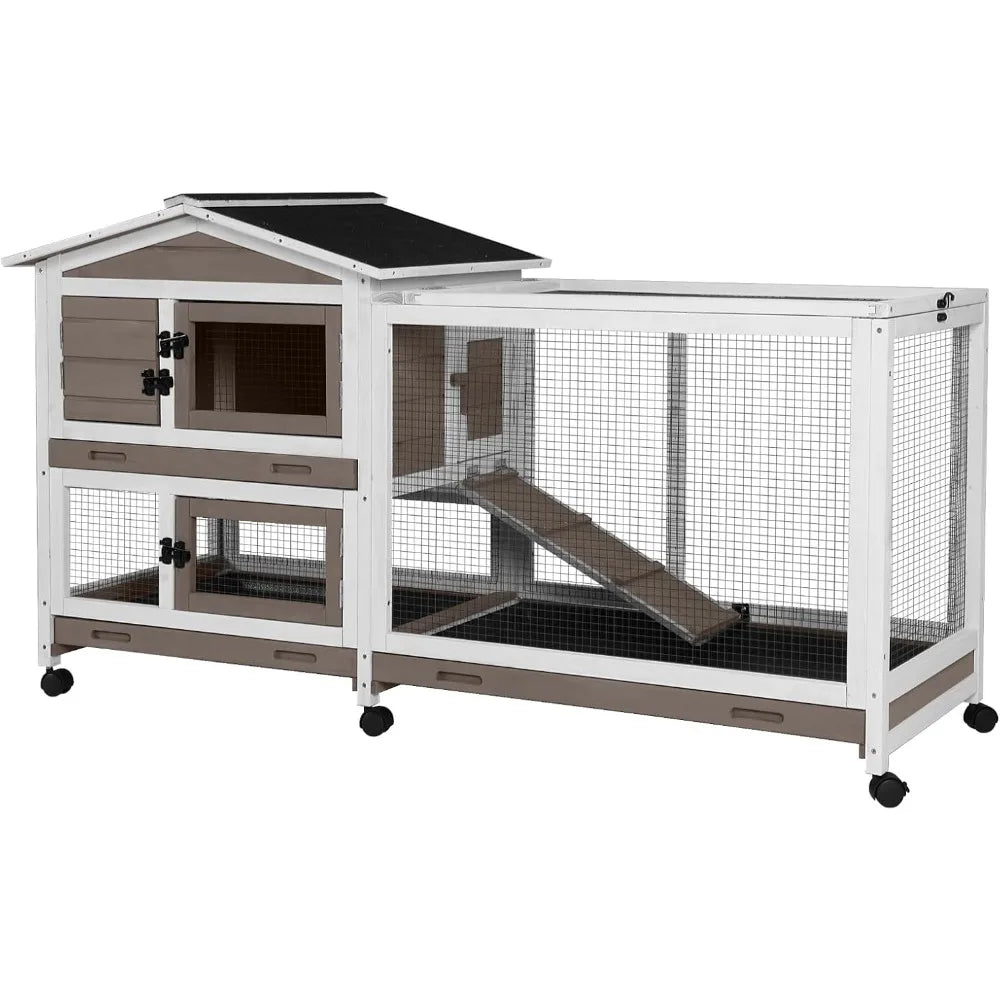 Rabbit Hutch 62" Rabbit Cage Indoor Outdoor Chicken Coop Guinea Pig Cage on Wheels Bunny Cage with 3 Deep No Leakage Pull Out T