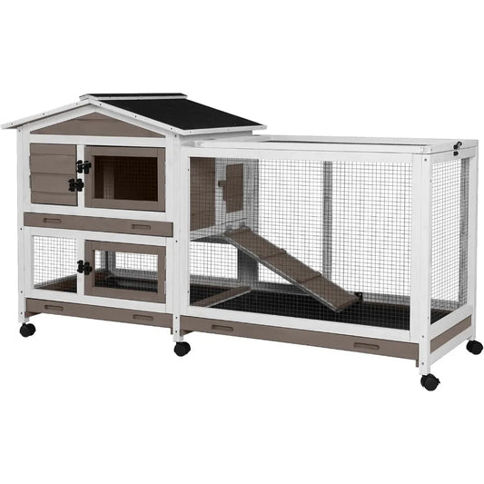 Rabbit Hutch 62" Rabbit Cage Indoor Outdoor Chicken Coop Guinea Pig Cage on Wheels Bunny Cage with 3 Deep No Leakage Pull Out T