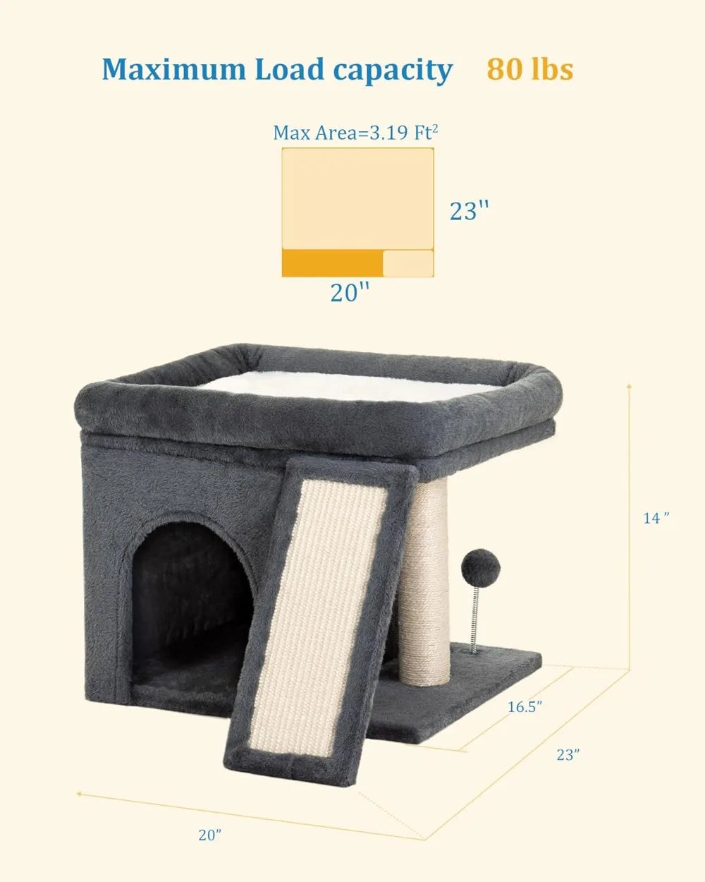14‘’ Cat Tree Tower with Scratching Post, 20 * 16.5in Perch Bed for Large Adult Cats, Condo Cave for Indoor Small Medium Kittens