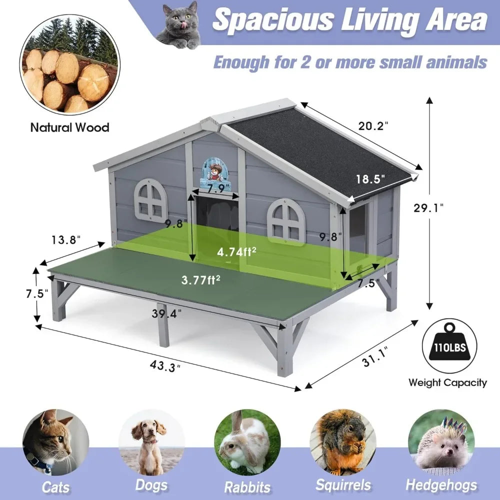 Outdoor Feral Cat House, Large Wooden Outside Cat Shelter with Balcony, Sloped Weathproof Roof, Elevated Legs, Escape Doors, Gre