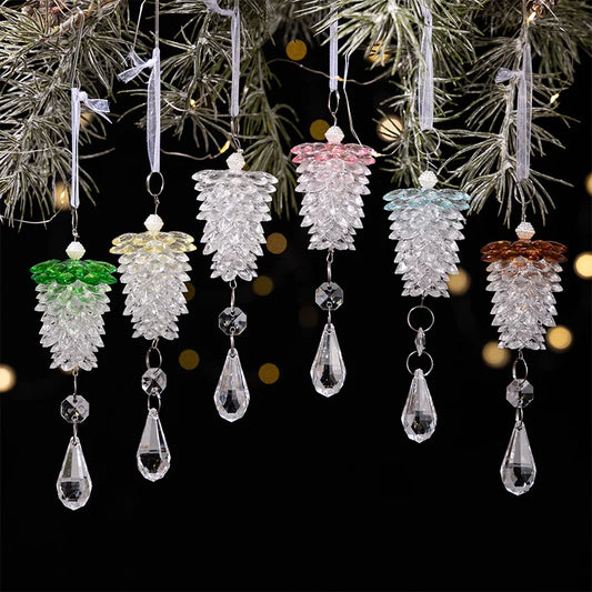 6pcs Christmas Pinecone Ornaments Acrylic Crystal Pine Cones Hanging Decor Christmas Tree Ornaments for Xmas New Year Holiday