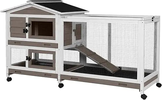 Rabbit Hutch 62" Rabbit Cage Indoor Outdoor Chicken Coop Guinea Pig Cage on Wheels Bunny Cage with 3 Deep No Leakage Pull Out T