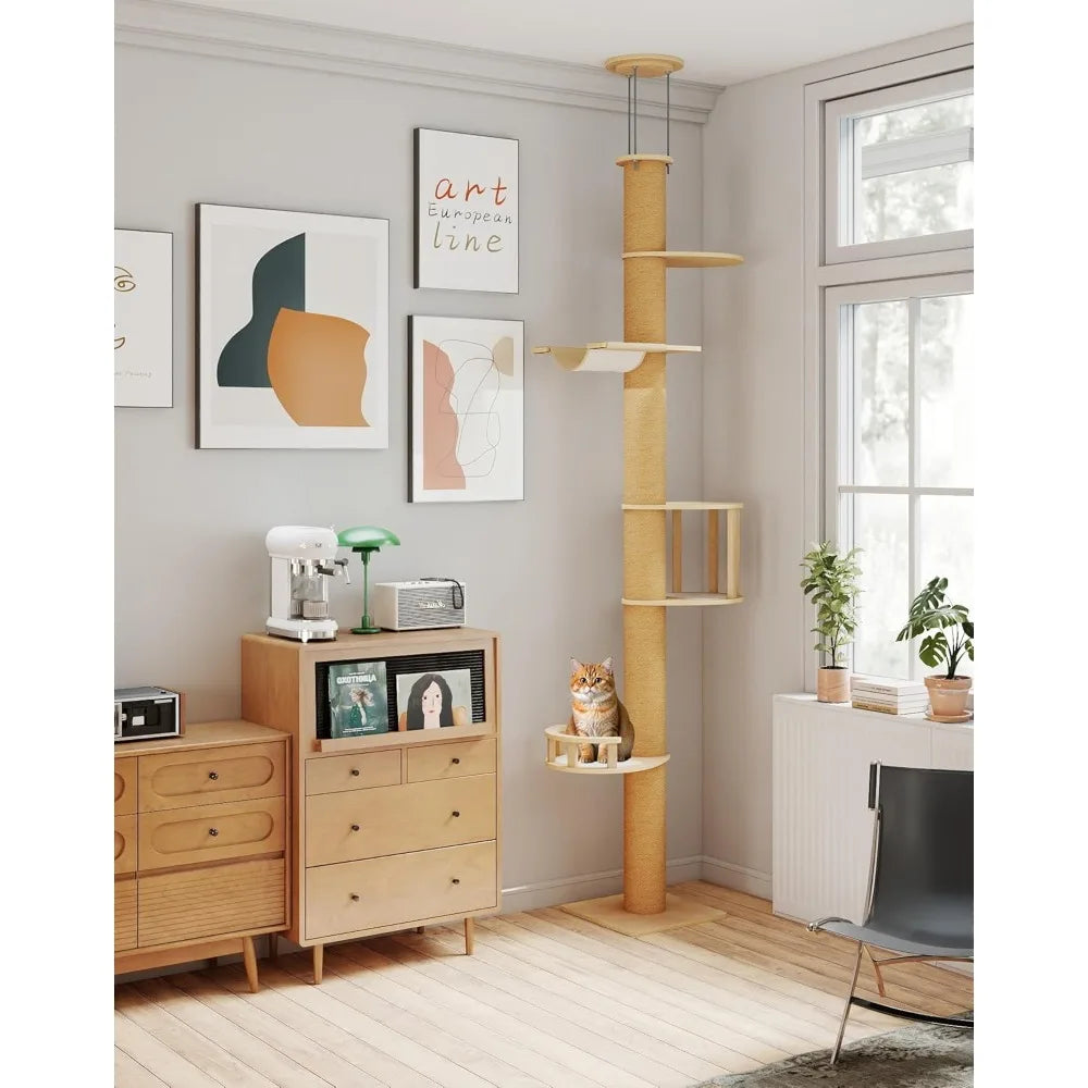Floor-to-Ceiling Cat Tree, Adjustable (89-112 inches), Sturdy 5-Tier Tower for Large Cats. Features 5.5 Scratching Posts.