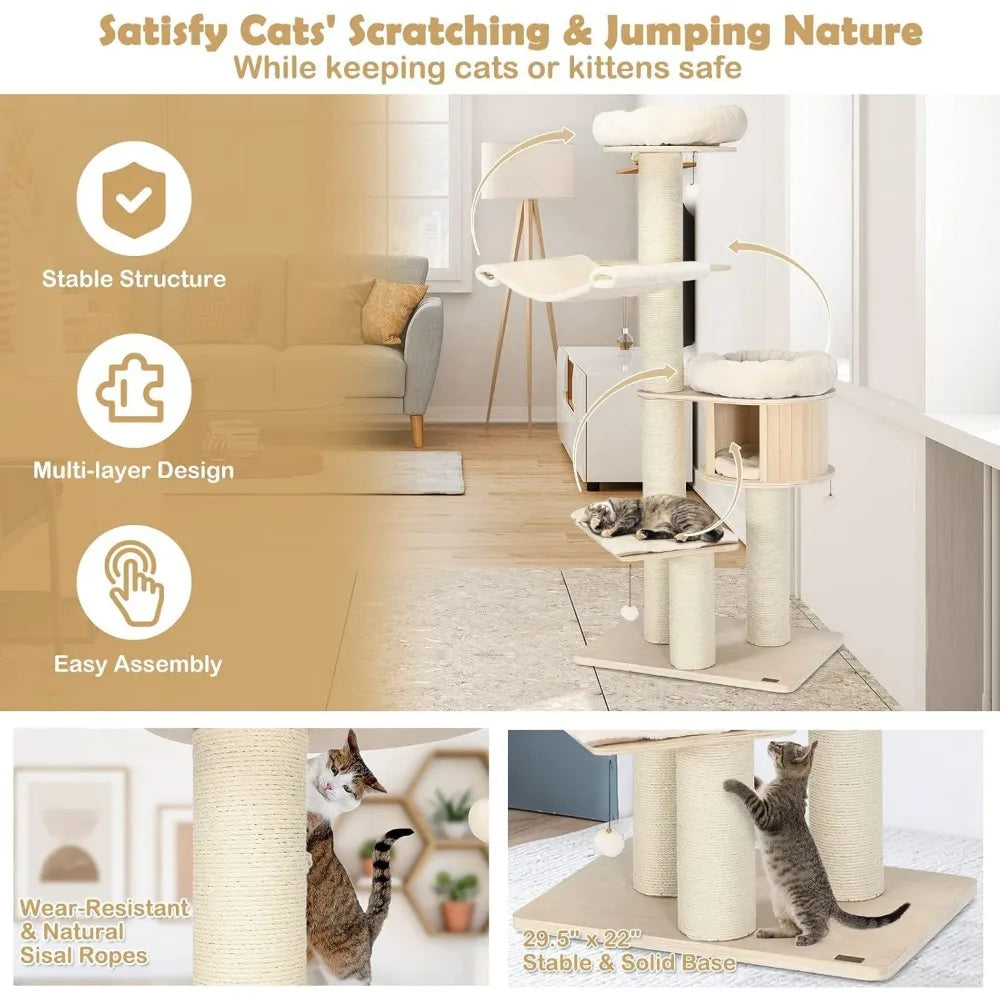 Large Multi-Level Modern Cat Tower with Condo, Hammocks, Hanging Basket, Sisal Posts, Tall Cat Tree for Play and Rest