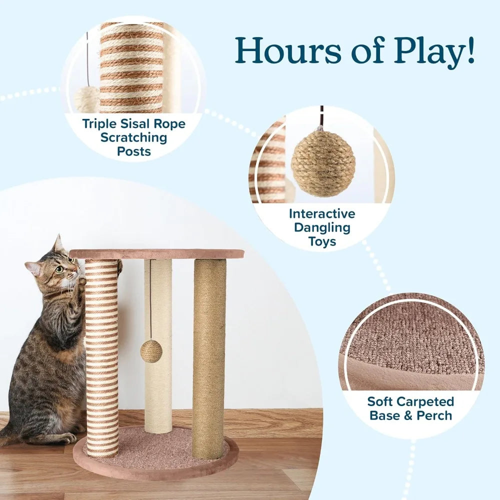Cat Scratching Post - 3 Scratcher Posts with Carpeted Base Play Area and Perch - Furniture Scratching Deterrent for Indoor