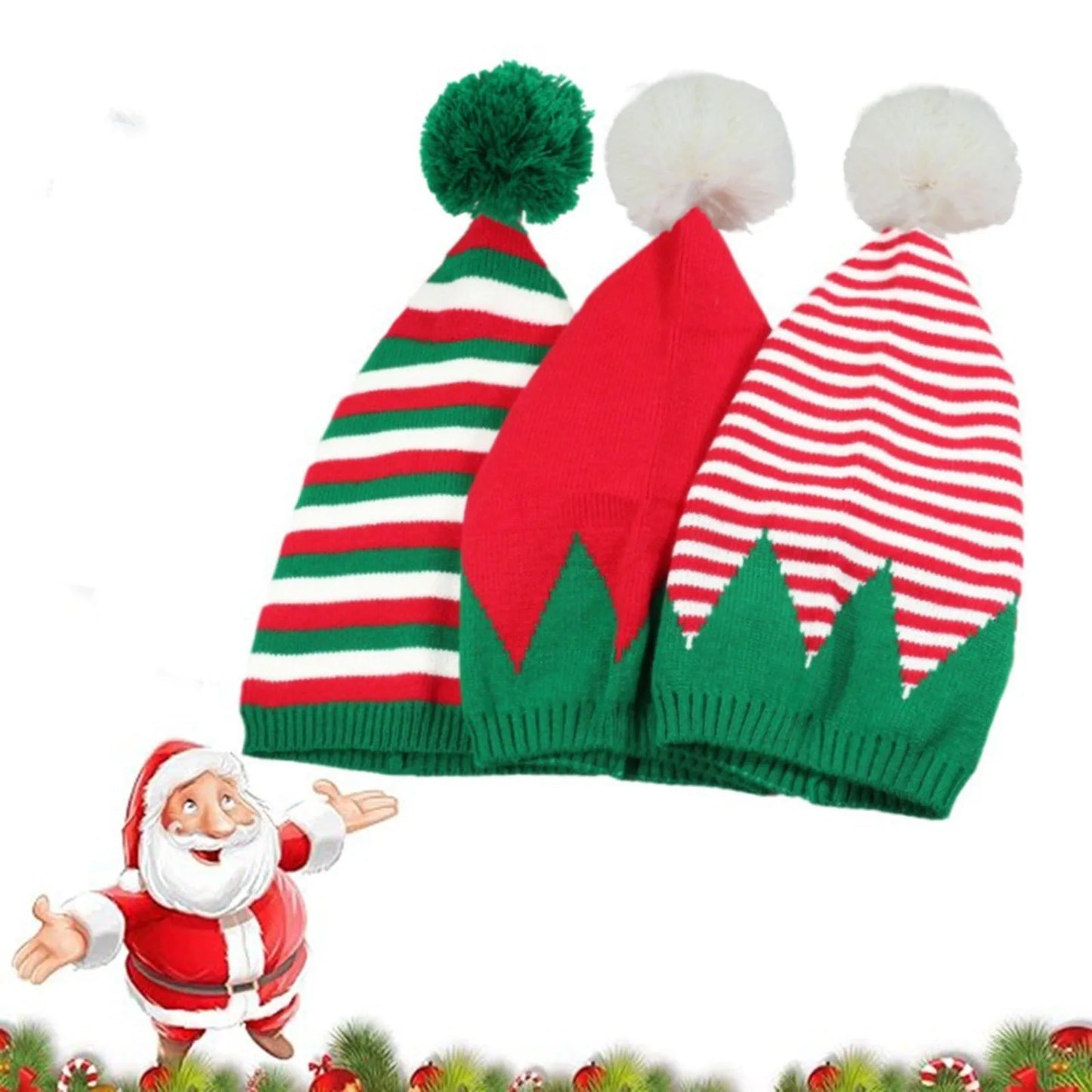 Adult Christmas Knitted Hat Elf Santa Beanies Santa Claus Red Green Striped Knitted Crochet Hat Merry Christmas Happy New Year