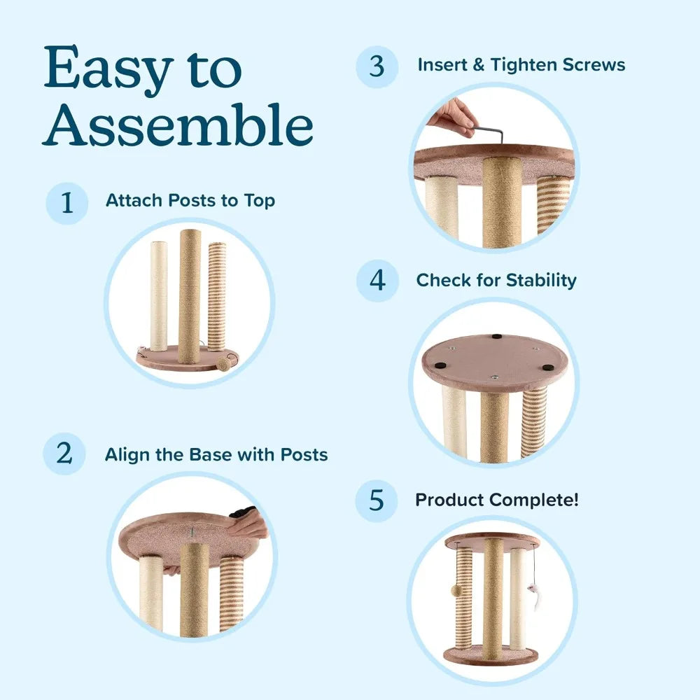 Cat Scratching Post - 3 Scratcher Posts with Carpeted Base Play Area and Perch - Furniture Scratching Deterrent for Indoor