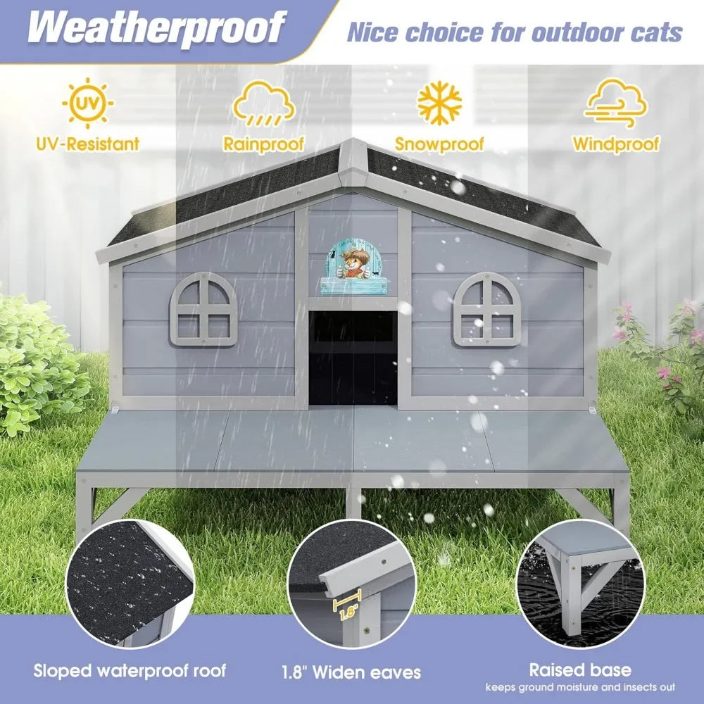 Outdoor Feral Cat House, Large Wooden Outside Cat Shelter with Balcony, Sloped Weathproof Roof, Elevated Legs, Escape Doors, Gre