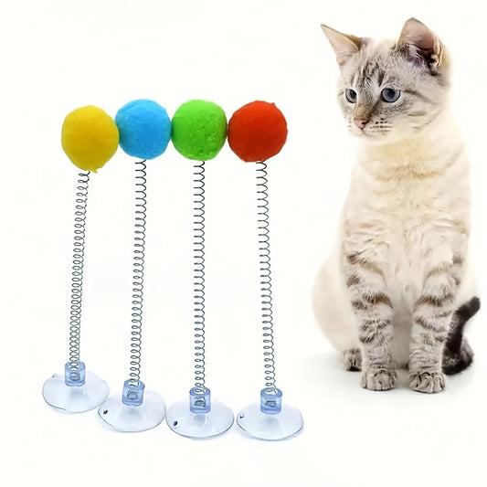 Interactive Cat Toy Set - Plush Ball, Metal Spring Stick, and Suction Cup Base |   Durable Design Stimulates Hunting Instincts, Multi-Color Realistic Hunting Toys, Fun Indoor Entertainment for Cats.