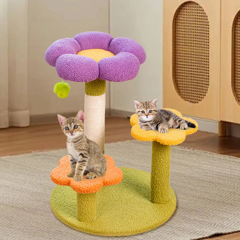 Multifunctional Cat Tower with Flower Pattern Small Cat Tree Sisal Wrapped 3 Layer Interactive Cat Tree for Cats