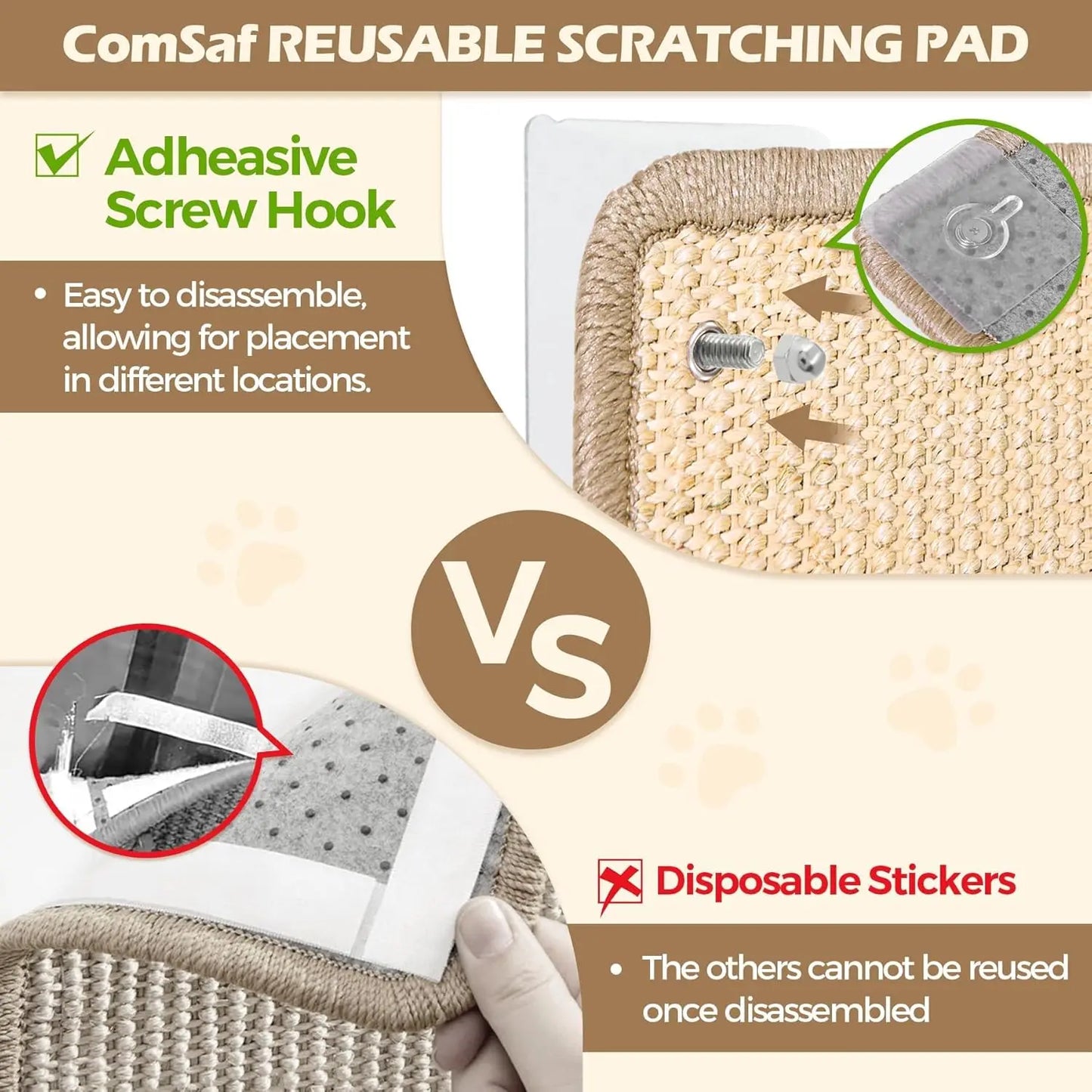Wall Cat Scratching Board - Sisal Vertical Scratcher for Indoor Cats, Floor Mounted Pad with Adhesive, Reinstallable Protector