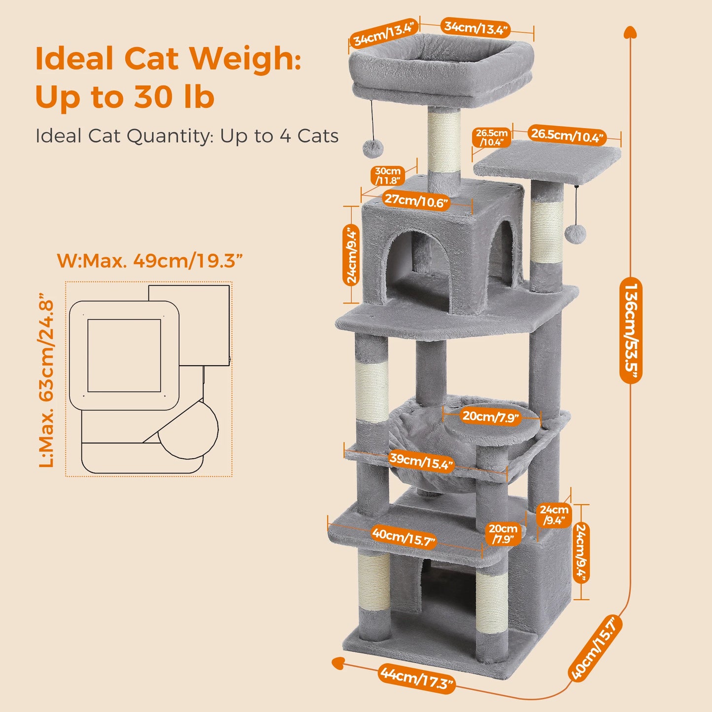 6-levels Safe and Stable Cat Tree with Soft Hammock,Dual Condos,Double Top Perches,5 Scratching Posts Suittable Multi Cats Home