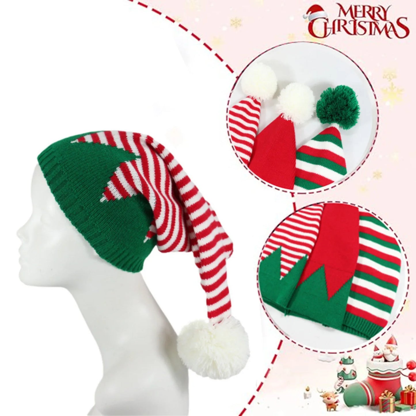 Adult Christmas Knitted Hat Elf Santa Beanies Santa Claus Red Green Striped Knitted Crochet Hat Merry Christmas Happy New Year