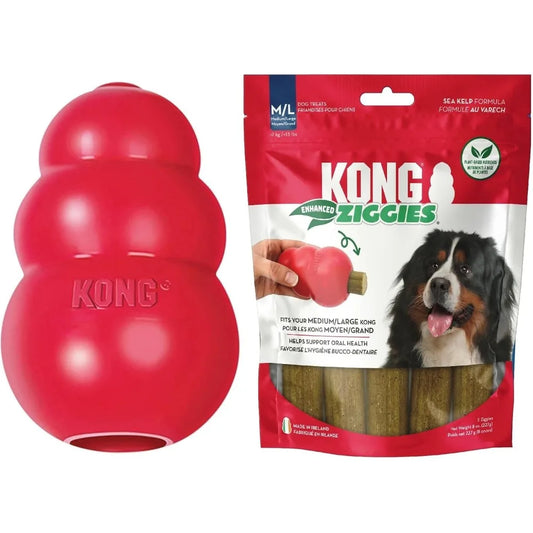 KONG Classic Toy & Enhanced Ziggies Treats Combo Pack - Durable Chew Toy for Dogs - with Enhanced Ziggies Treats - Dog Accessori