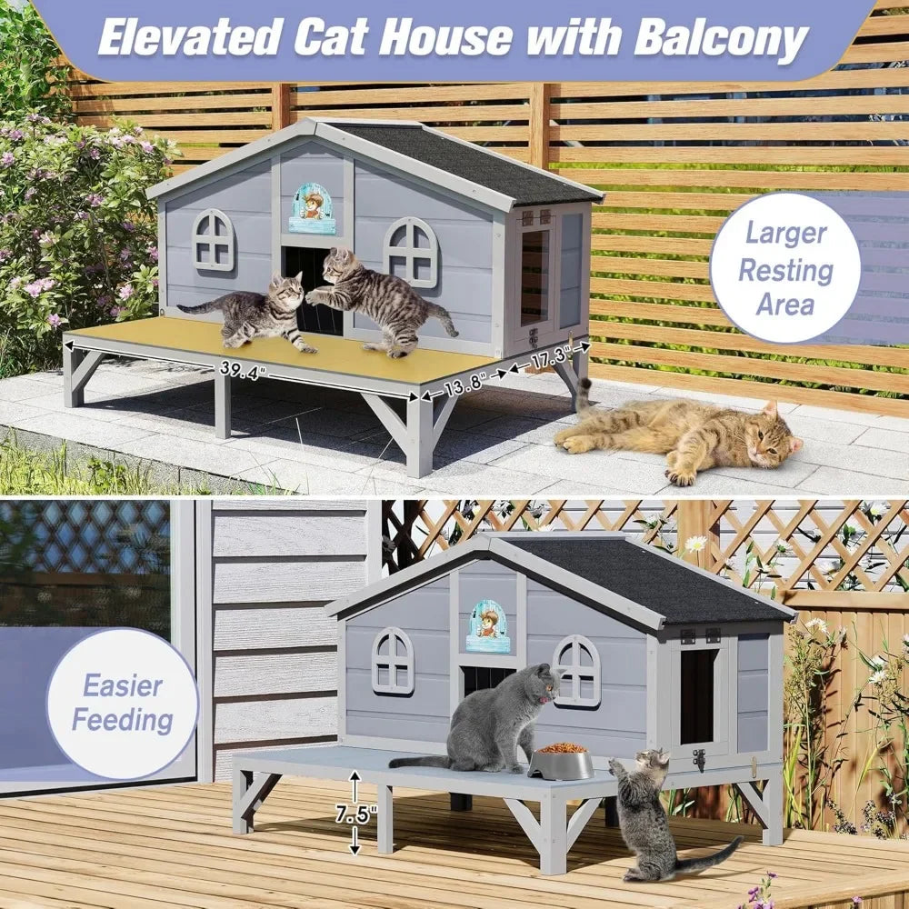 Outdoor Feral Cat House, Large Wooden Outside Cat Shelter with Balcony, Sloped Weathproof Roof, Elevated Legs, Escape Doors, Gre