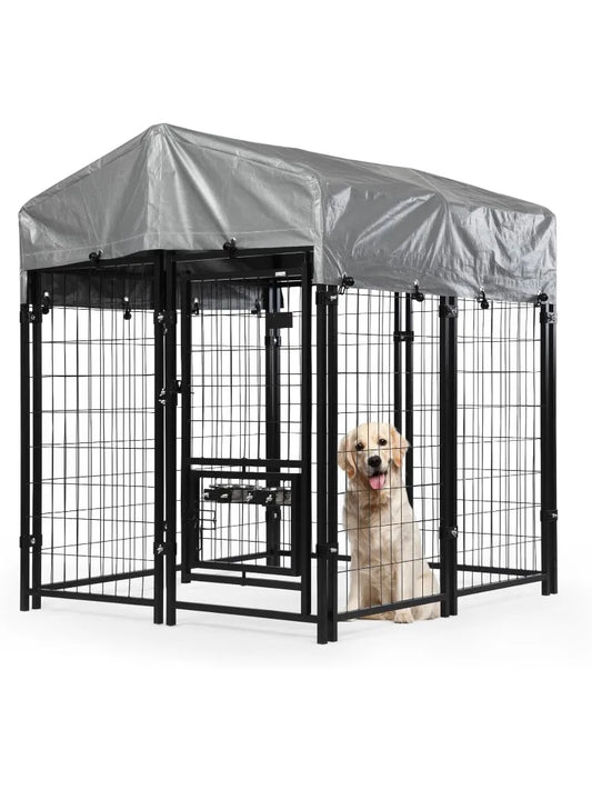 Outdoor  Kennel with Roof,  Kennel Outside with 2  Bowls, Large  Houses Pen Dogs Run Enclosure with Secure L