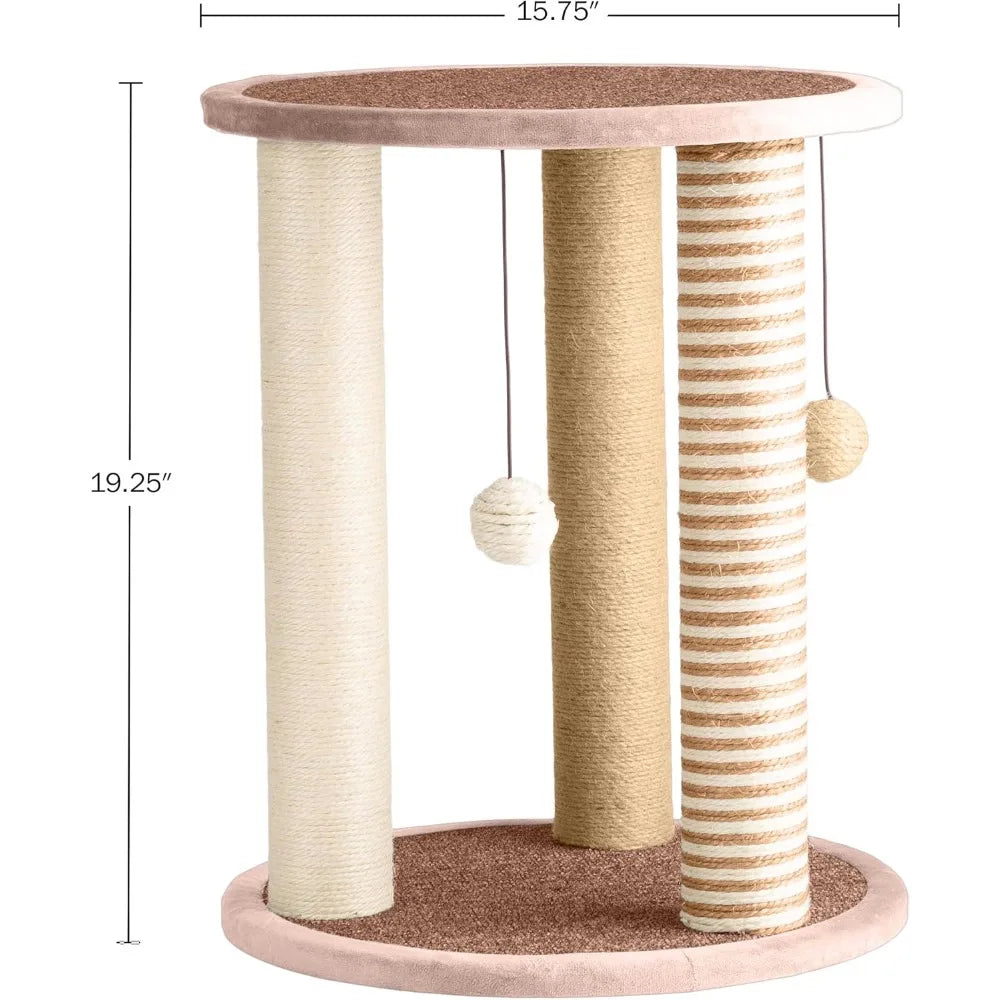 Cat Scratching Post - 3 Scratcher Posts with Carpeted Base Play Area and Perch - Furniture Scratching Deterrent for Indoor