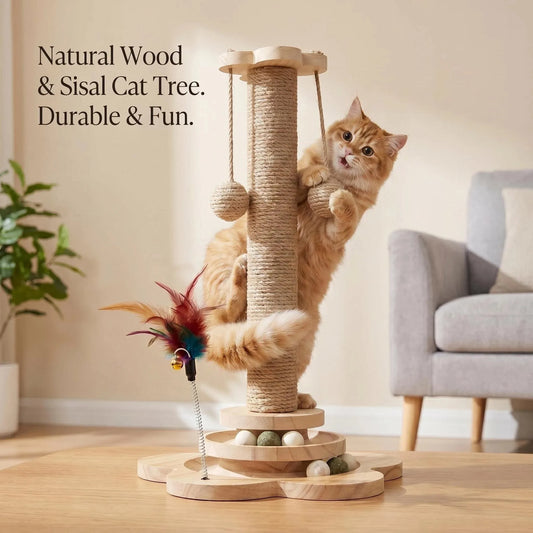 Nature  Wood Cat Scratcher Board Pet Play Tree Rotating Platform Wooden Fiber Chew Toy Durable Non Sisal Ball Cat Stand Tree