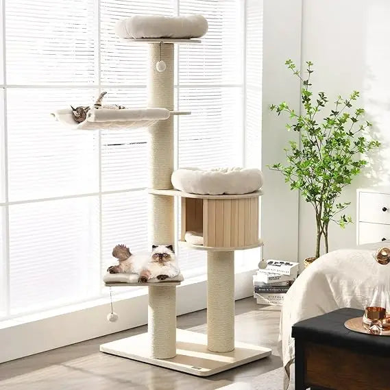 Large Multi-Level Modern Cat Tower with Condo, Hammocks, Hanging Basket, Sisal Posts, Tall Cat Tree for Play and Rest