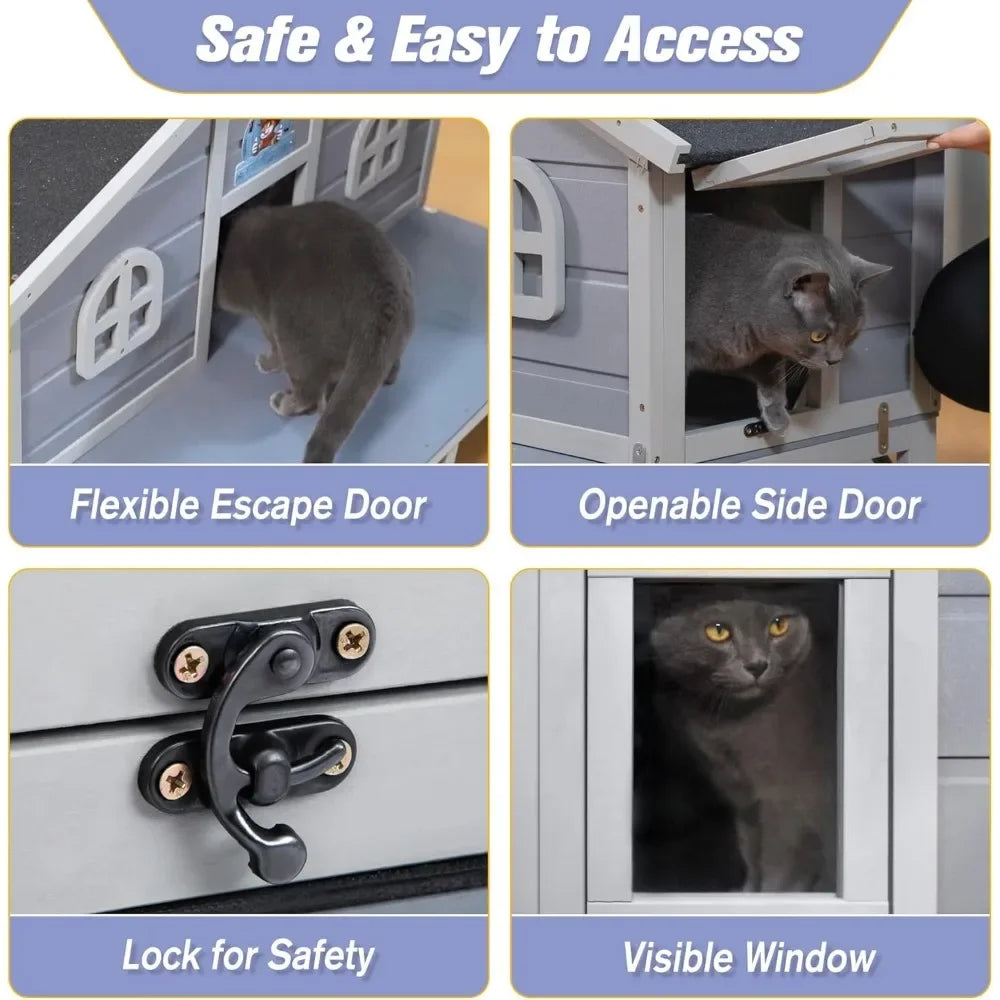 Outdoor Feral Cat House, Large Wooden Outside Cat Shelter with Balcony, Sloped Weathproof Roof, Elevated Legs, Escape Doors, Gre