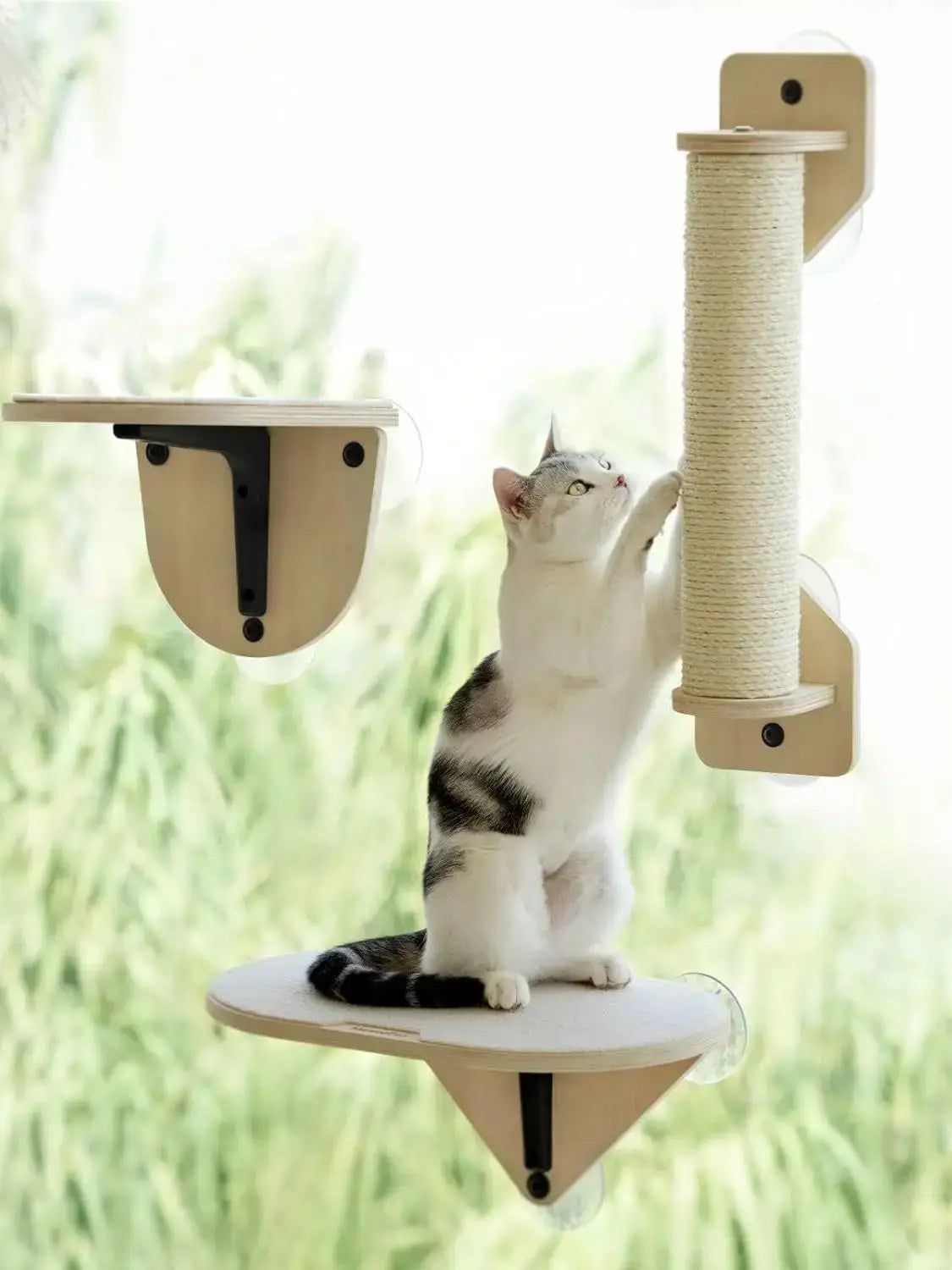 Mewoofun Cat Window Perch Hammock Wooden Window Mounted Cat Bed with Climbing Steps and Scratching Post for Indoor Cats