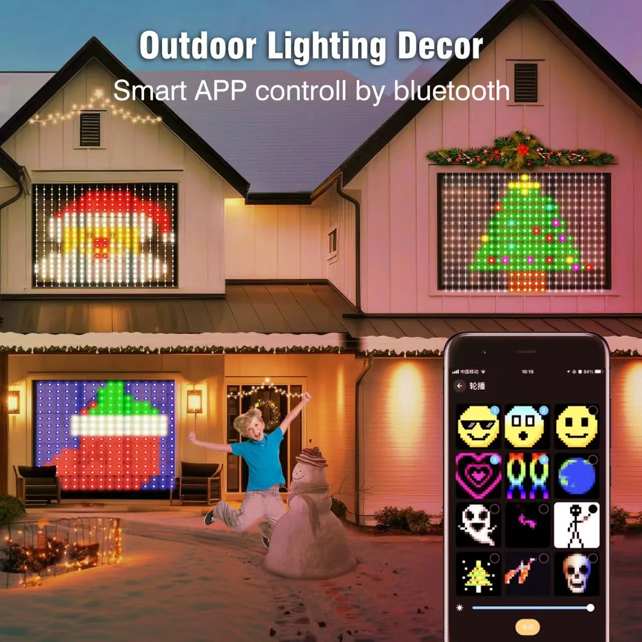 LED smart curtain string light with remote control and local music synchronized Christmas outdoor fairy tale themed decoration