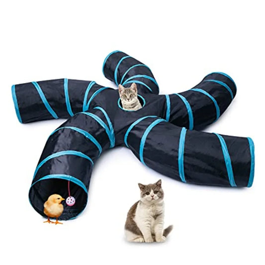Large SShape Collapsible Interactive Cat Tunnel with Play Ball and Peek Holes for Indoor Cats Kittens Rabbits and Puppies Blue