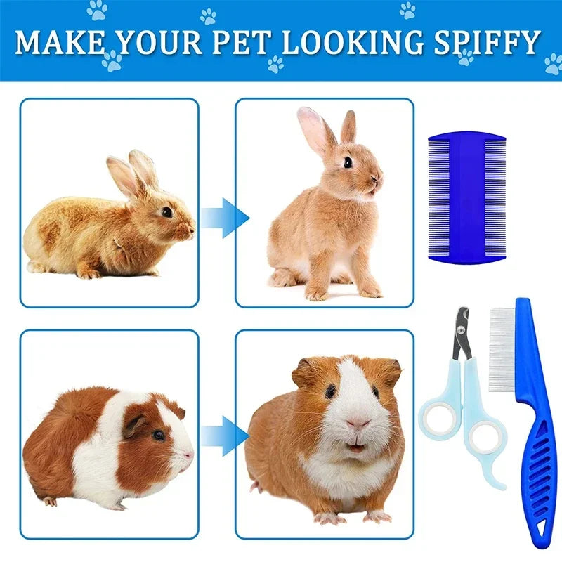 Rabbit Grooming Kit Tear Stain Remover Cleaning Combs Pet Nail Clipper Double-Sided Shampoo Bath Brush for Guinea Pig Bunny
