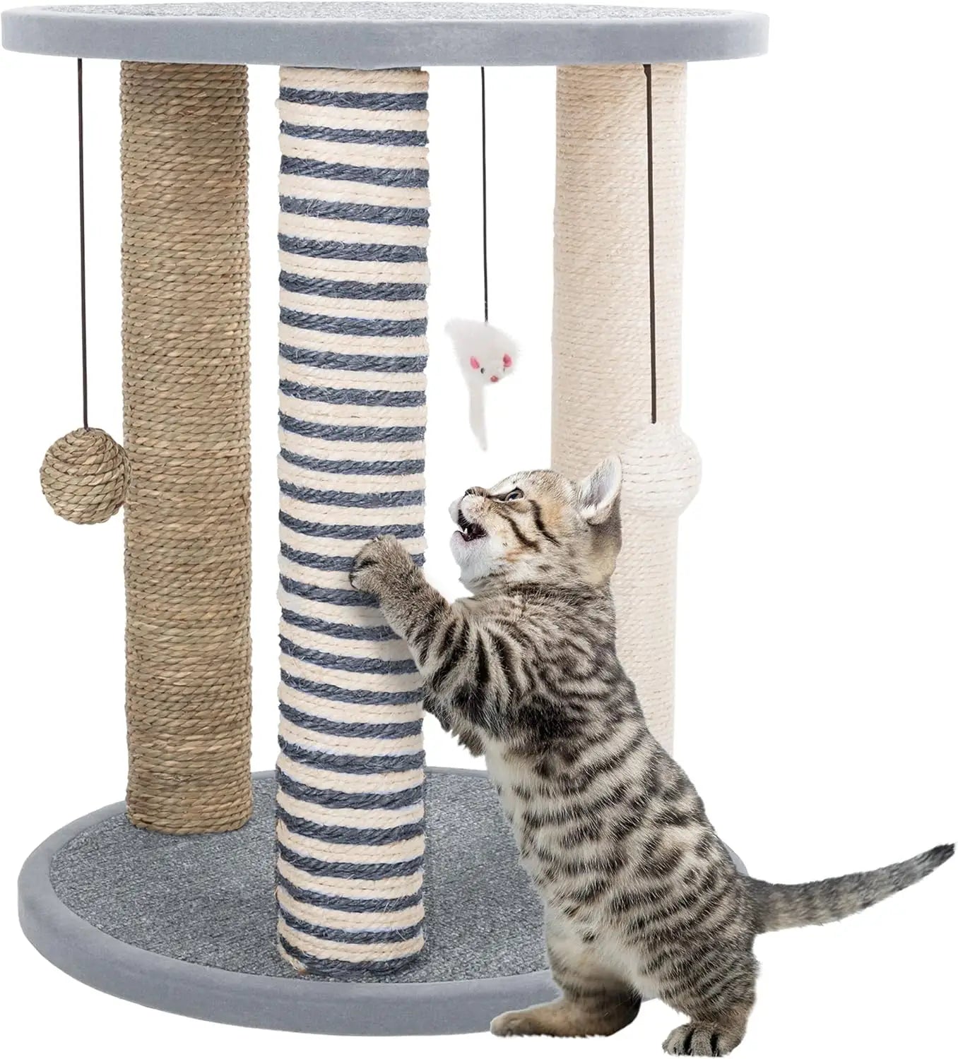 Cat Scratching Post - 3 Scratcher Posts with Carpeted Base Play Area and Perch - Furniture Scratching Deterrent for Indoor