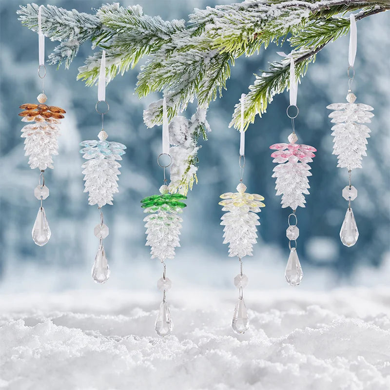 6pcs Christmas Pinecone Ornaments Acrylic Crystal Pine Cones Hanging Decor Christmas Tree Ornaments for Xmas New Year Holiday