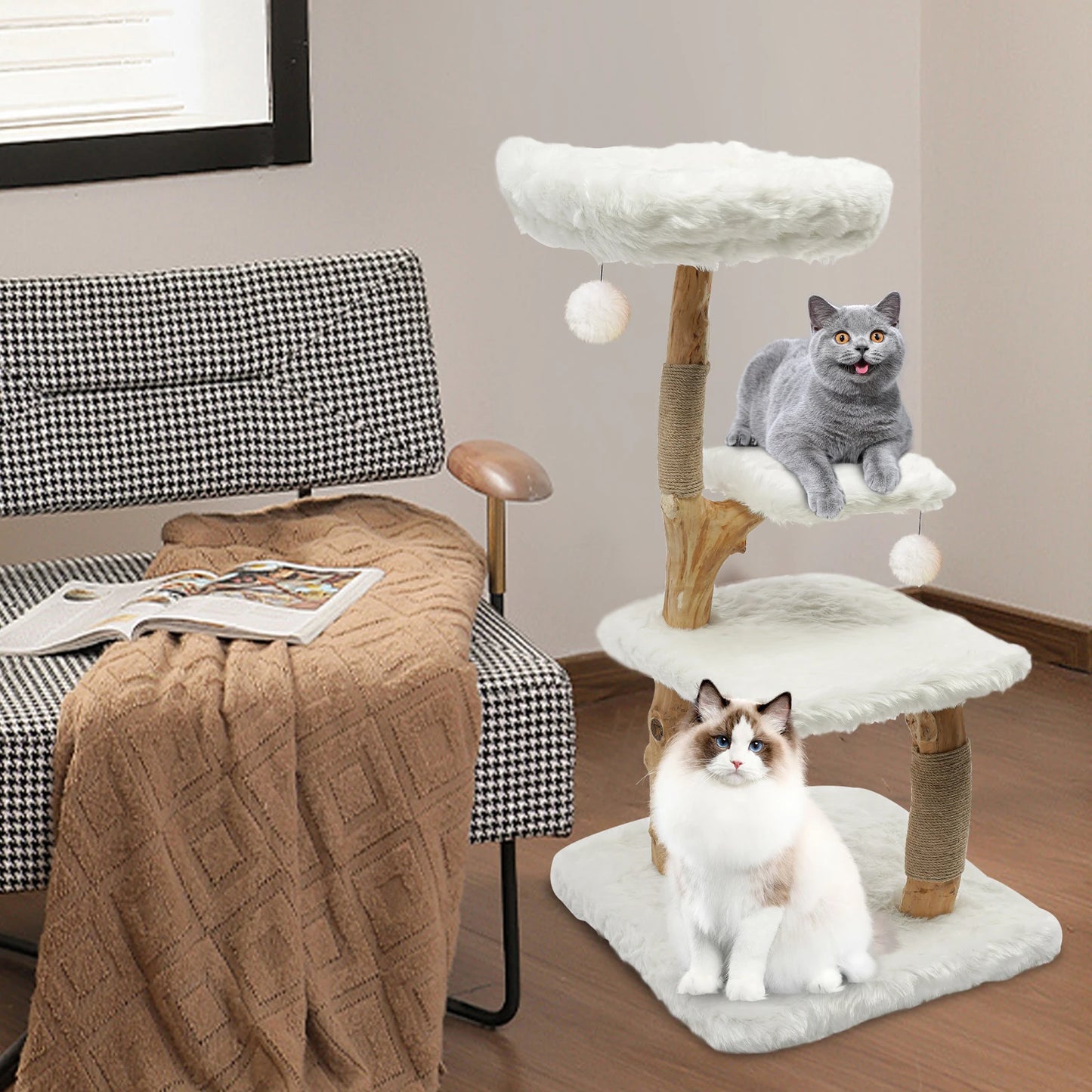 Load 22-33 Lbs Cat Tree with Hemp Ropes Plush Balls Cat Small Cat Tower for Cat Scratcher Board Cat Toys 4 Springboards
