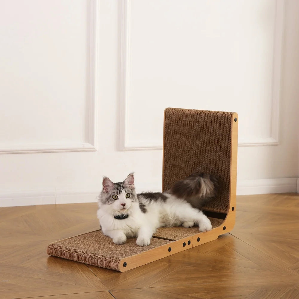 L Shape Cat Scratcher Durable Replaceable Scratching Pad with Catnip Toy Balls and Bell Engaging Fun and Furniture Protection