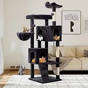 64-Inch Tall Cat Tower with Multi-Level Play Areas for Large Indoor Cats - Includes 2 Plush Beds, 2 Perches, Basket, and House w