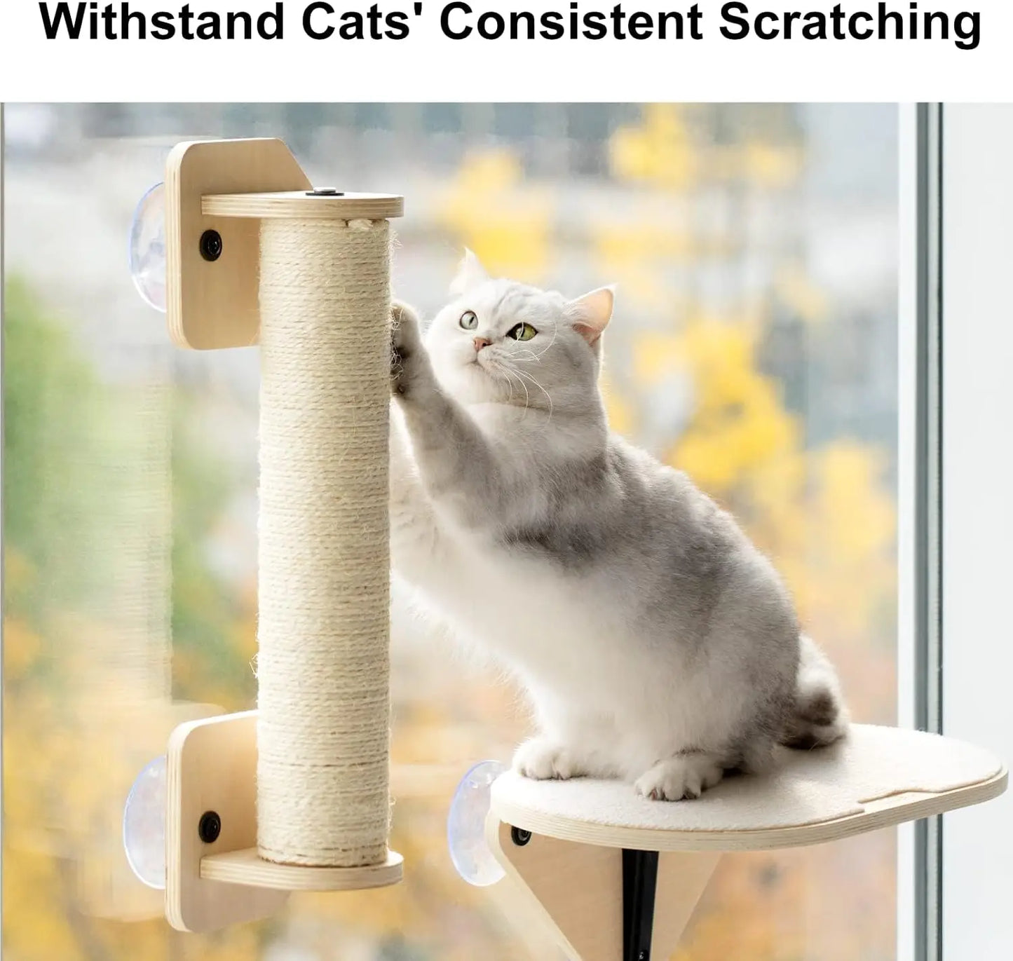 Mewoofun Cat Window Perch Hammock Wooden Window Mounted Cat Bed with Climbing Steps and Scratching Post for Indoor Cats