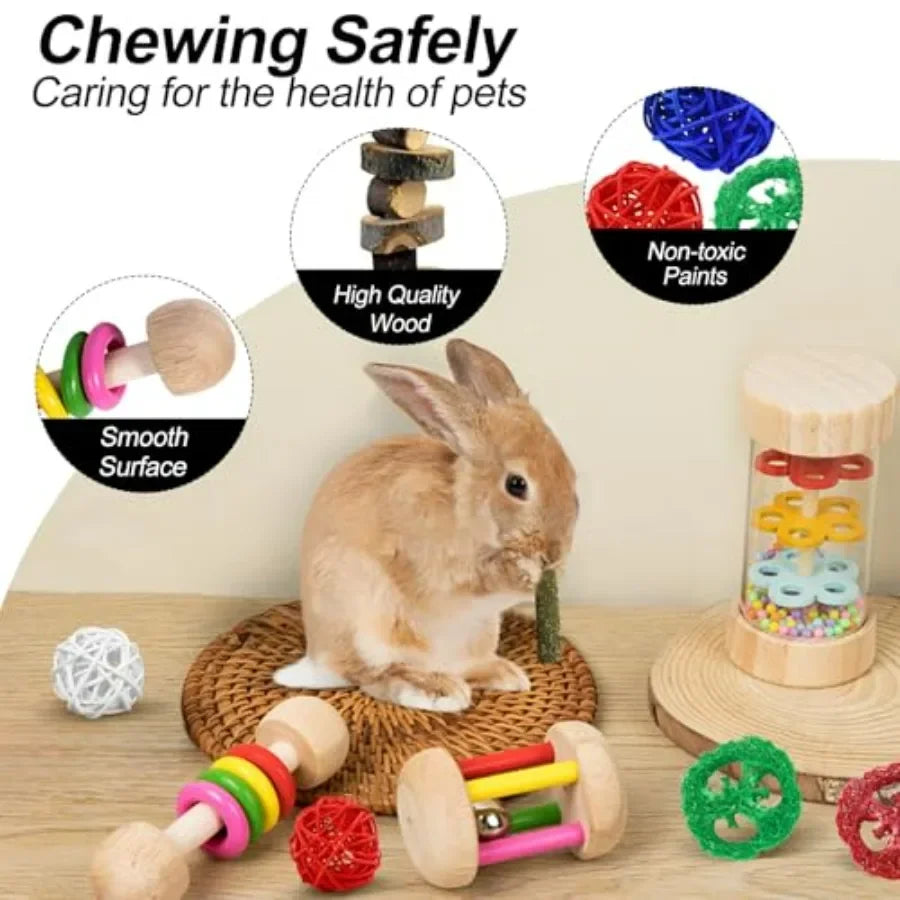 15PCS Rabbit Toys for Bunnies Boredom Enrichment with Chinchilla Hamster Rat Guinea Pig Bunny Toys for Rabbits Indoor Wooden Ha