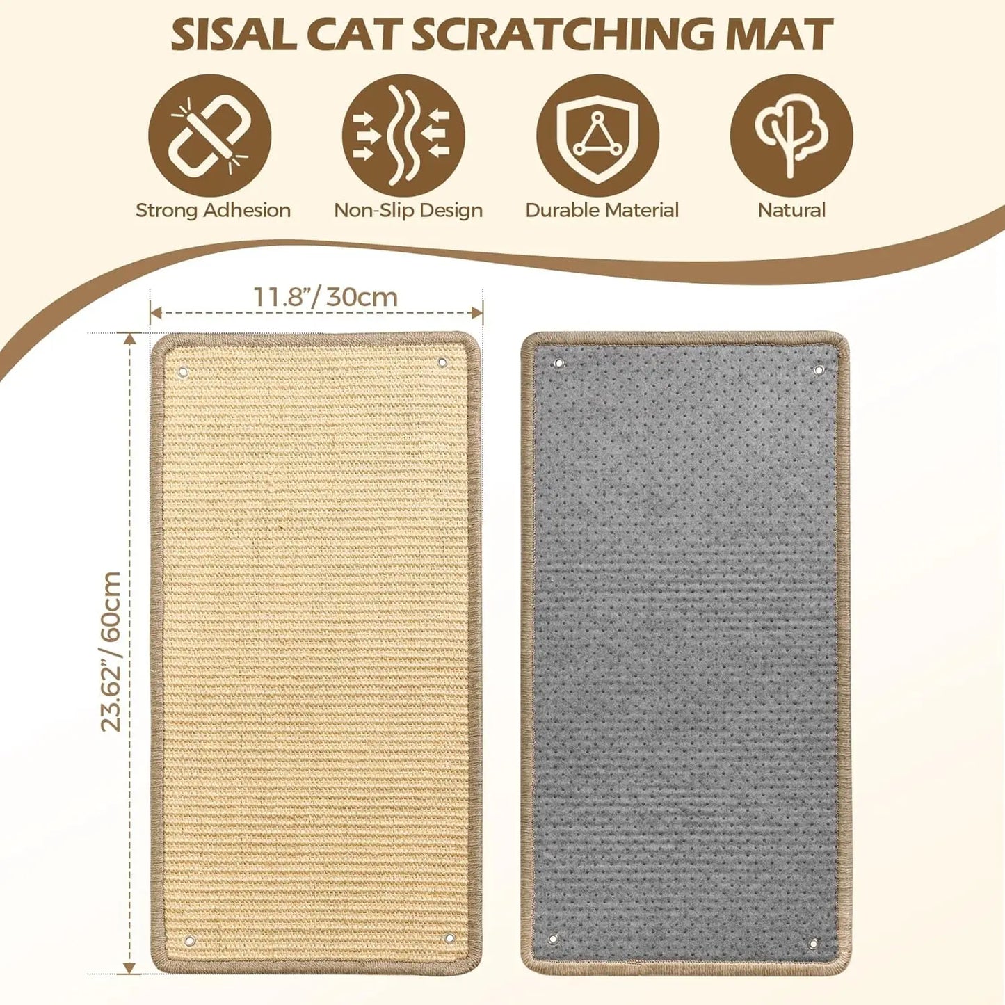 Wall Cat Scratching Board - Sisal Vertical Scratcher for Indoor Cats, Floor Mounted Pad with Adhesive, Reinstallable Protector