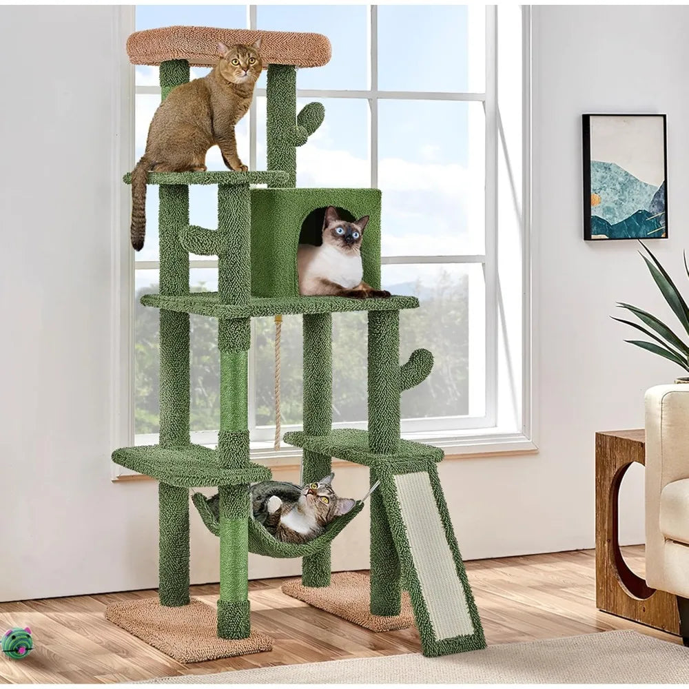 Cactus Cat Tree, 63″ H Multi-Level Cat Tower for Indoor Cats, Tall Climbing Tower with Sisal-Covered Scratching Posts