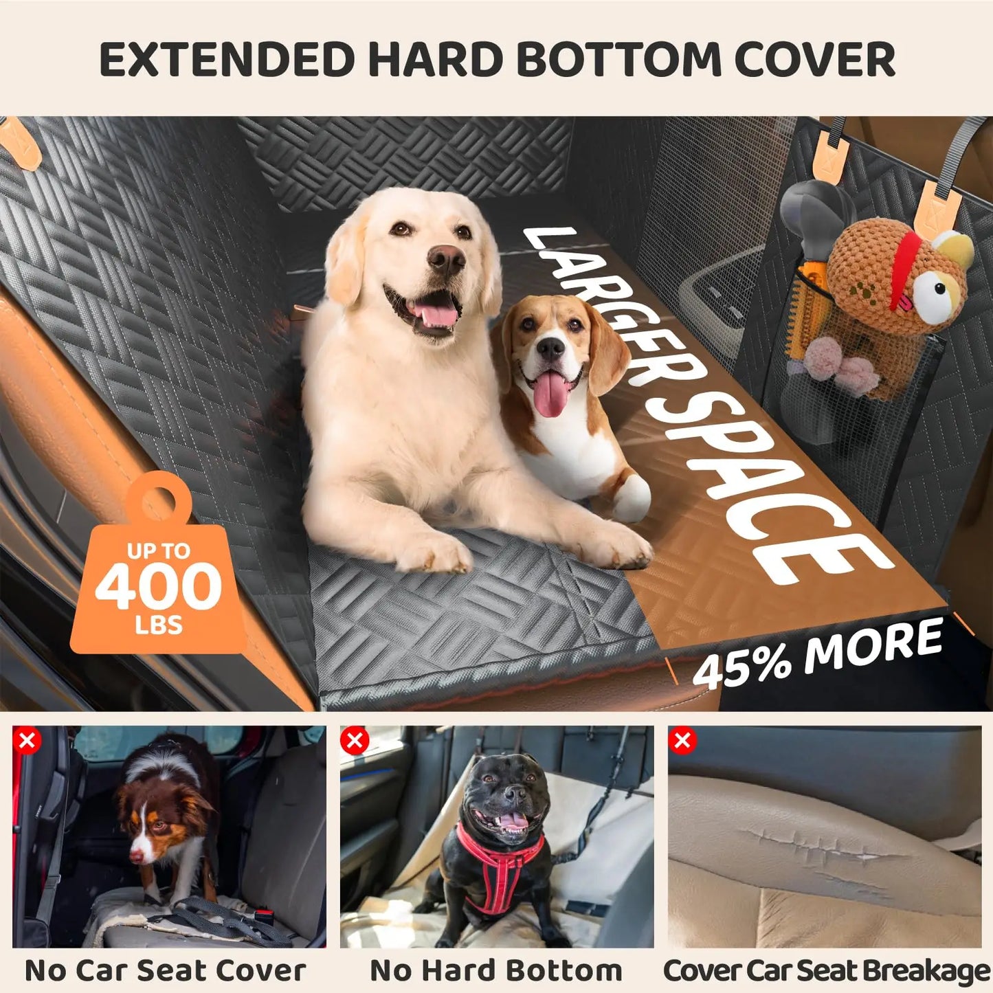 Car Rear Seat Dog Seat Cover, Hard Bottom Rear Seat Extender, Load-Bearing 400 Pounds, 600D Heavy-Duty Anti-Scratch Washable Dog Hammock for Cars and Suvs