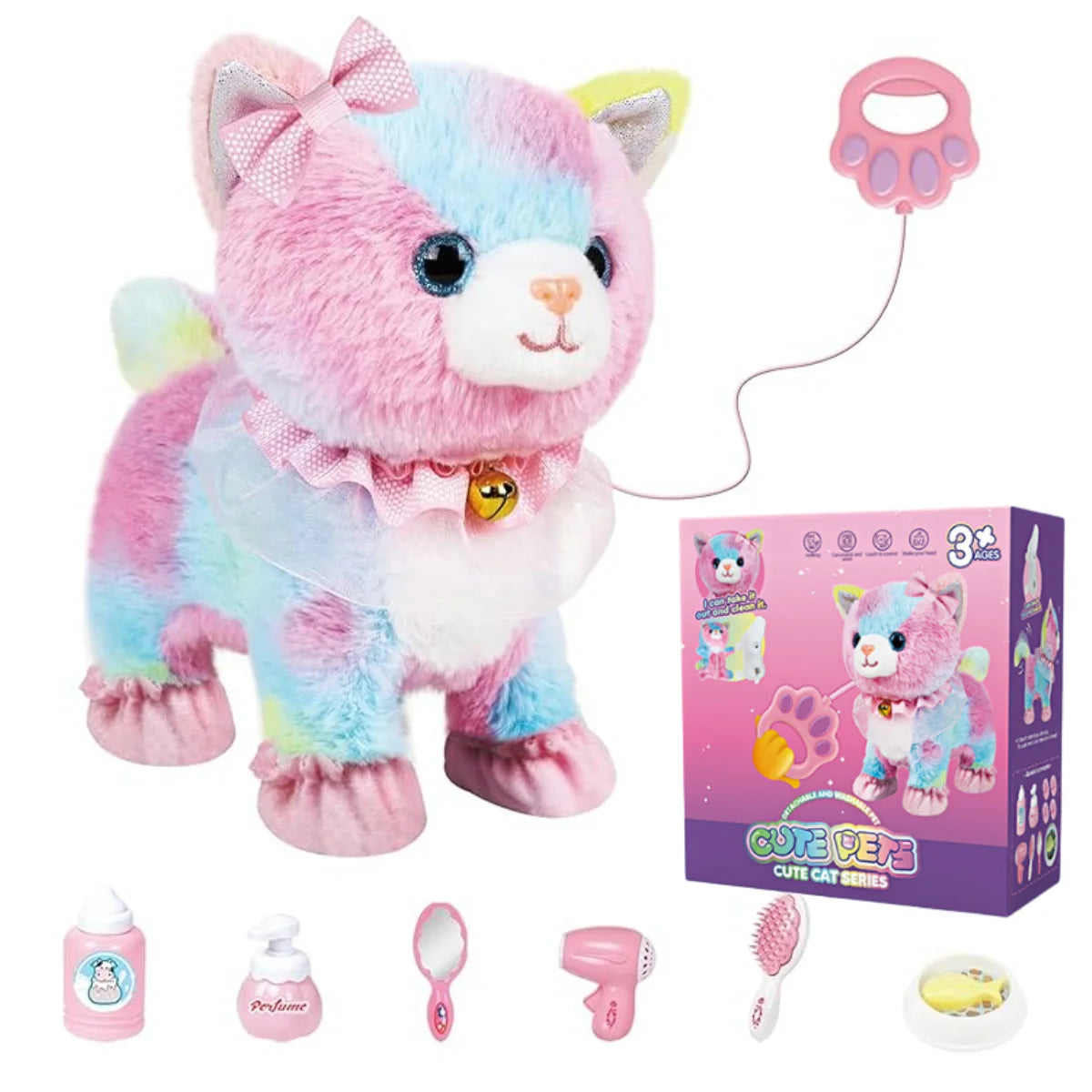 Touch&Voice Controlled Remote Lifelike Walking Cat Toy with Leash,Can Walk, Meow, and Wags Tail, Best Gift for Girls Ages 3+
