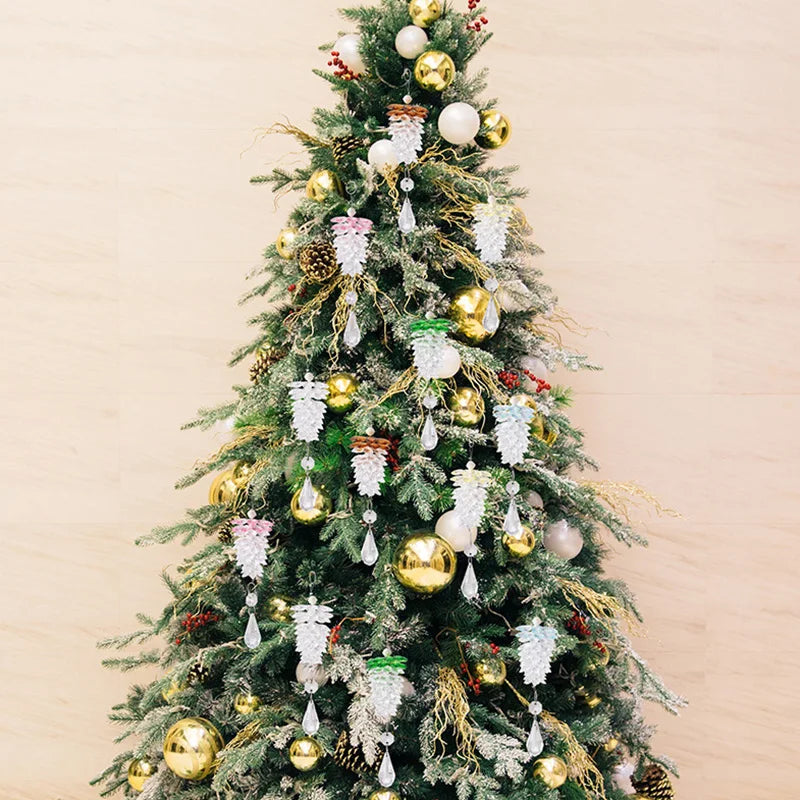 6pcs Christmas Pinecone Ornaments Acrylic Crystal Pine Cones Hanging Decor Christmas Tree Ornaments for Xmas New Year Holiday