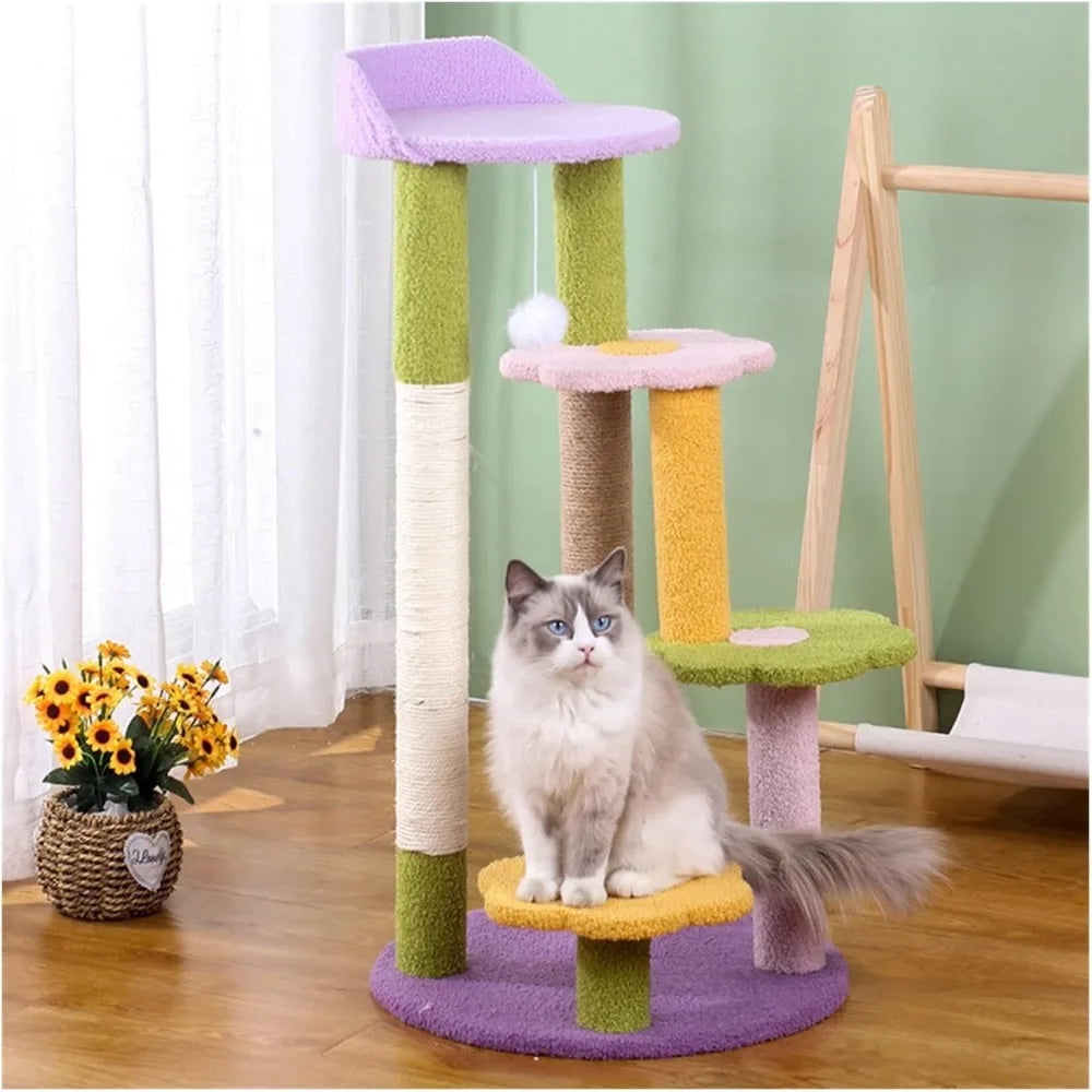 Three-Layer Cat Climbing Tower with Flower Design, Litter Included, Scratching Post, and Toys for One Cat's Play and Comfort