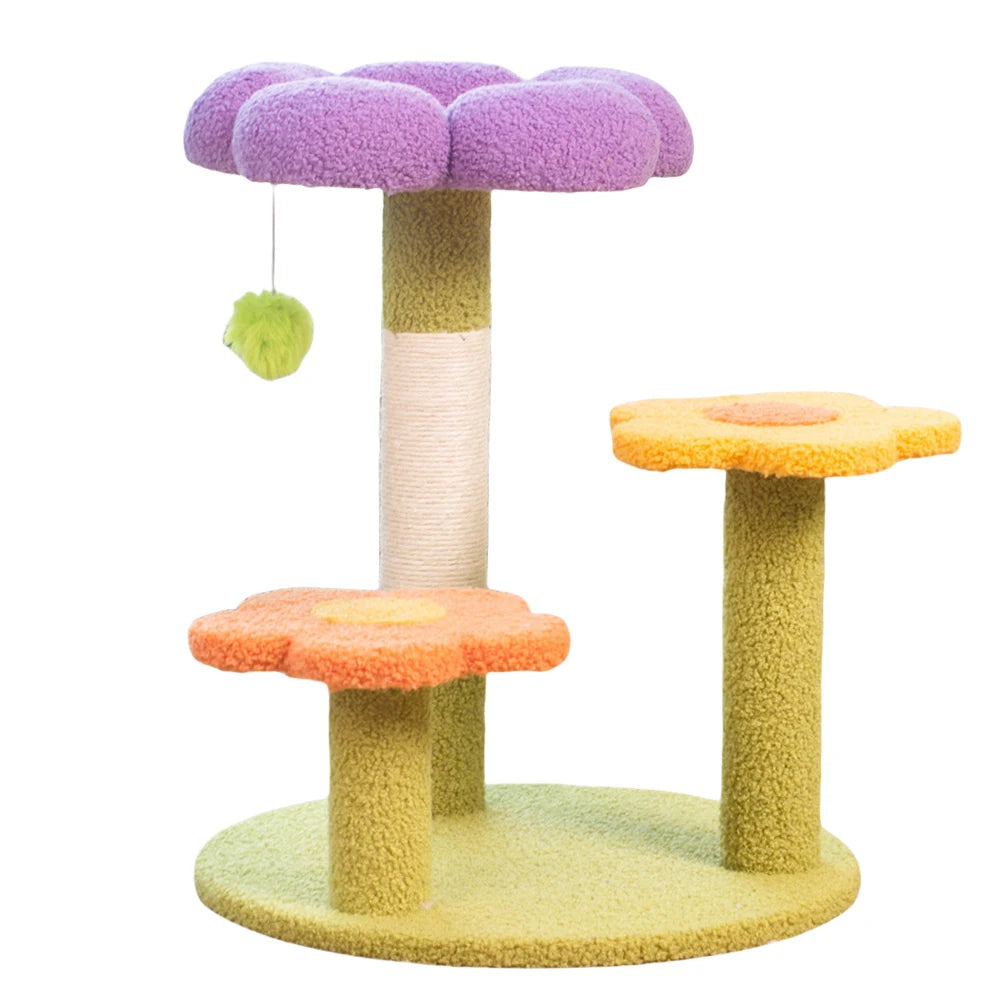 Multifunctional Cat Tower with Flower Pattern Small Cat Tree Sisal Wrapped 3 Layer Interactive Cat Tree for Cats